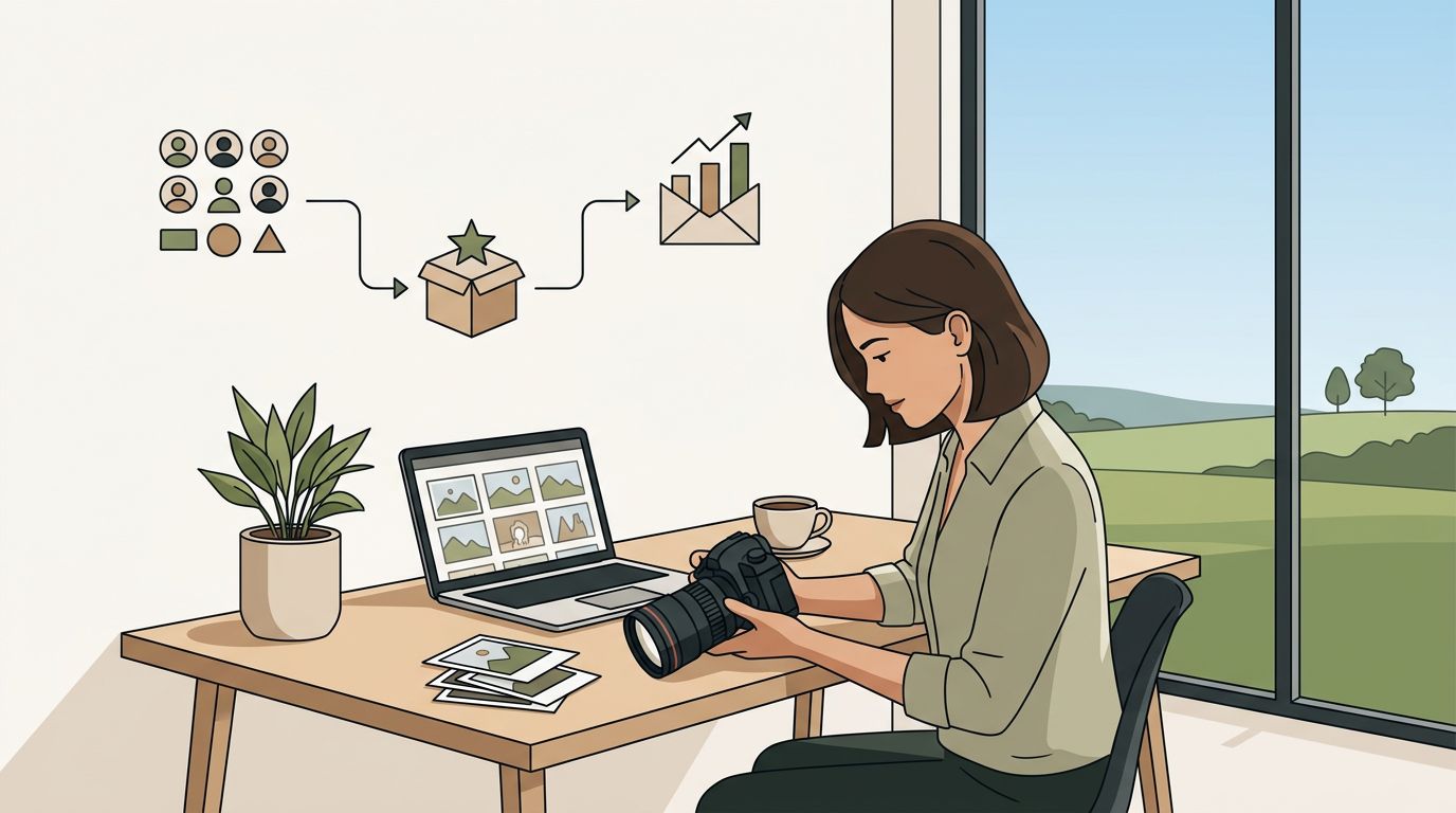 Photographer at a home desk with a camera, laptop, prints, and connected growth icons.