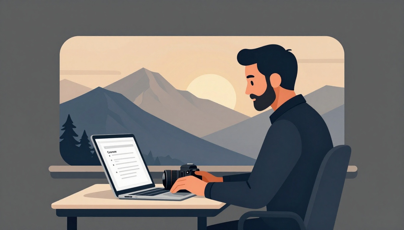 Photographer at a desk with a laptop, DSLR camera, notebook, and mountain sunrise outside.