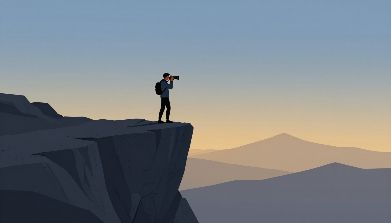 A photographer raises a camera toward sunlit mountains from a rocky cliff.