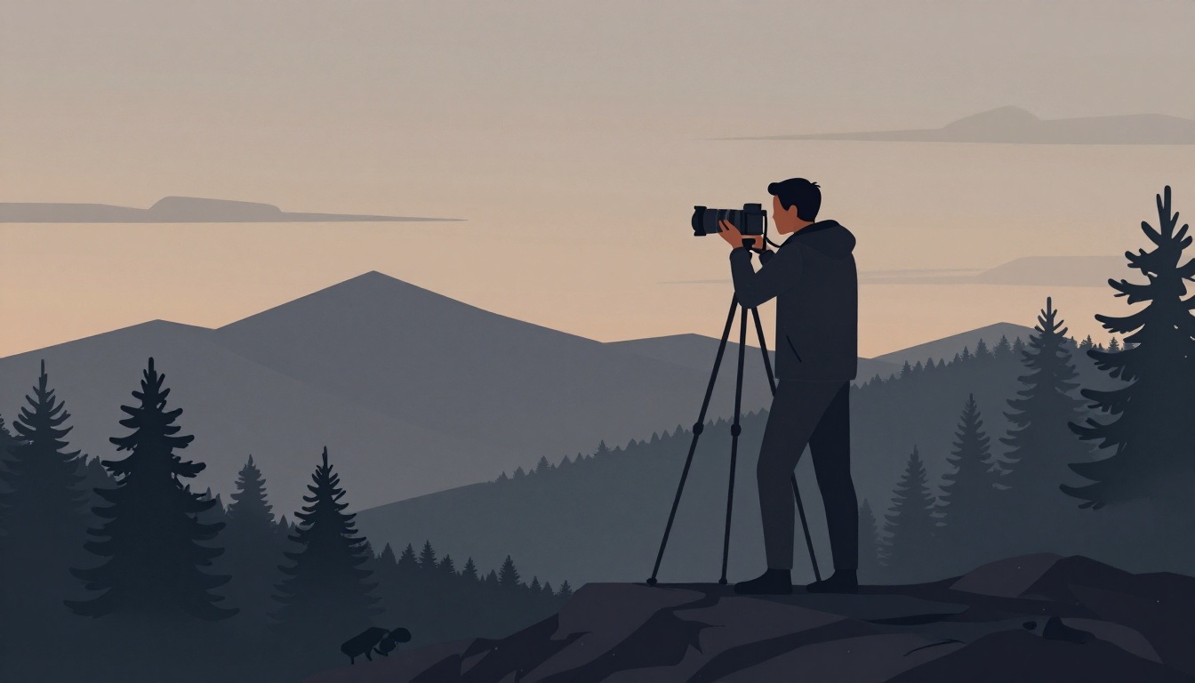 A photographer with a tripod stands on a rocky ridge above mountains at sunset.