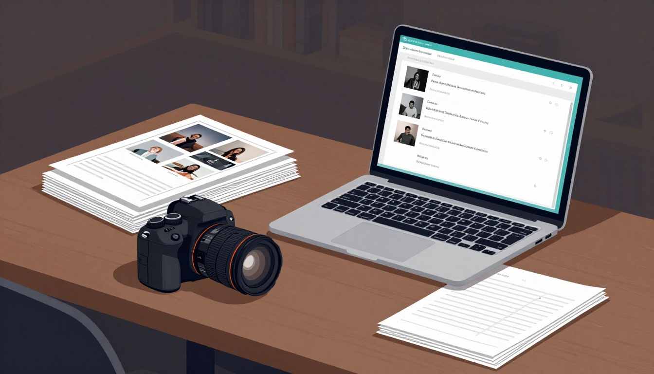 A DSLR camera, laptop with course modules, and five printed photos sit on a desk at night.