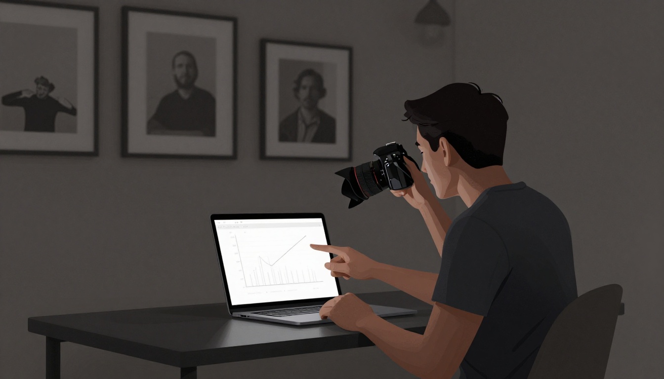 Photographer pointing at a graph on a laptop beside a desk in a dark studio.