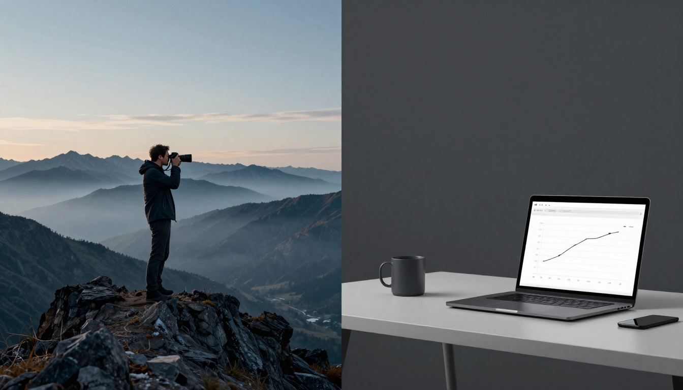 A photographer on a misty ridge faces a desk with a laptop and coffee mug.