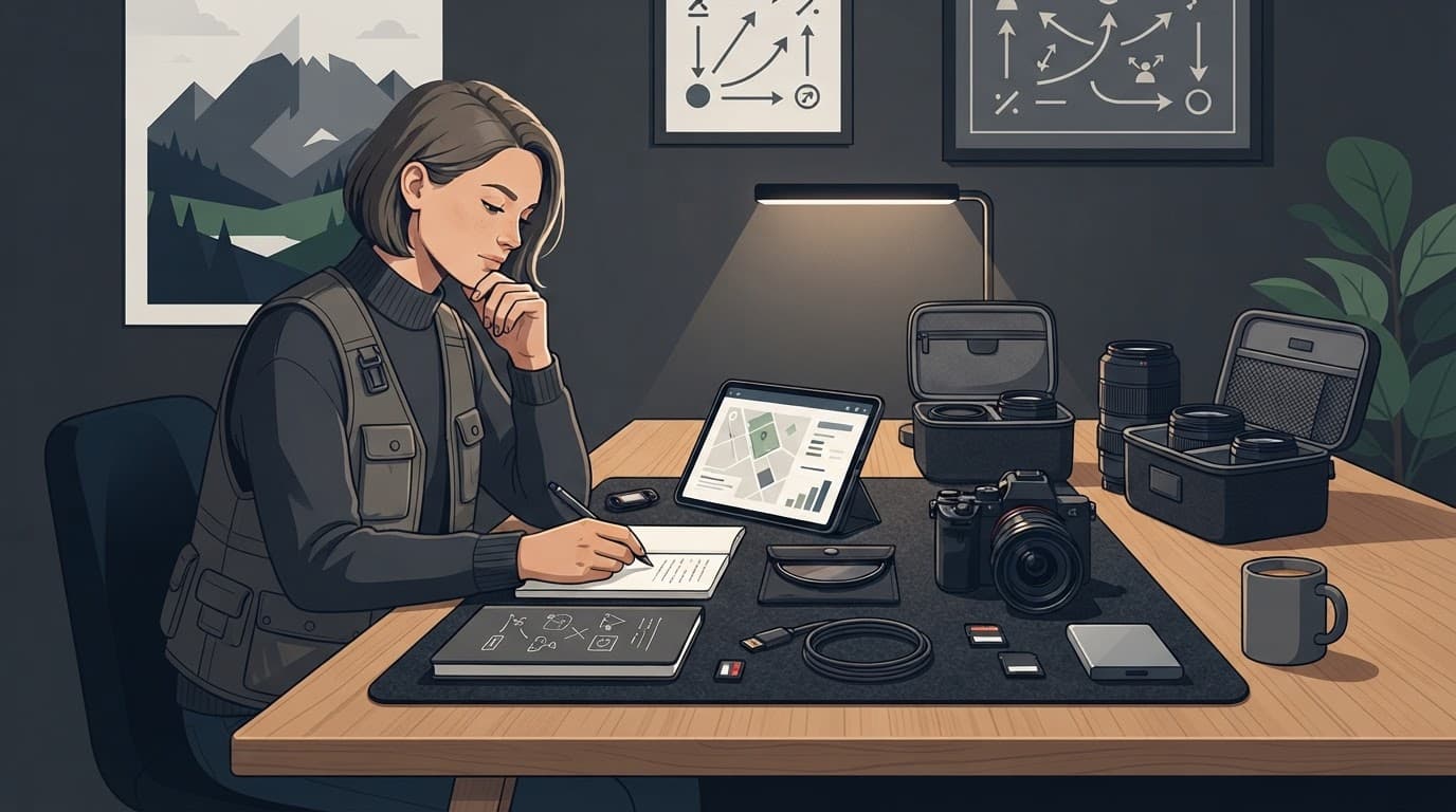 A photographer sorts camera gear and notes on a minimalist wooden desk.