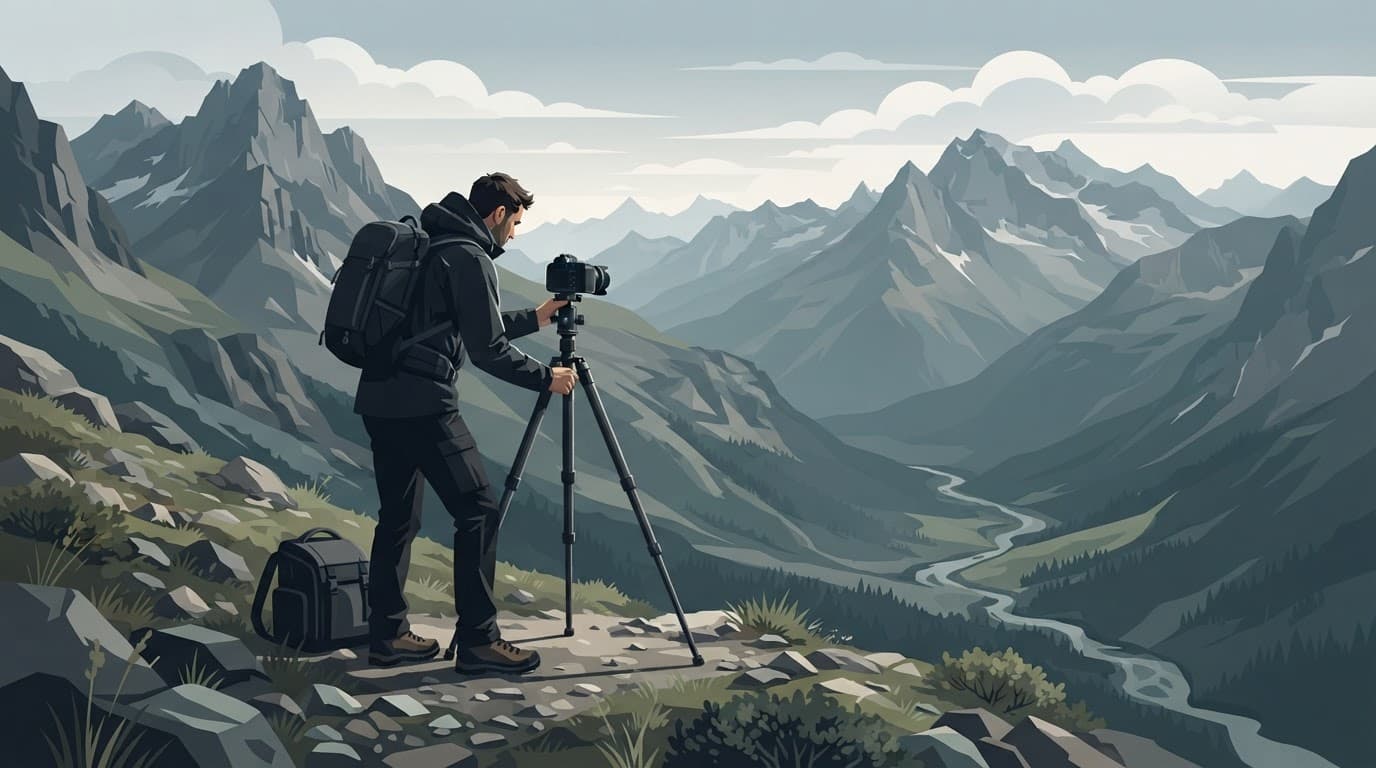 Photographer setting up a tripod among mountains.