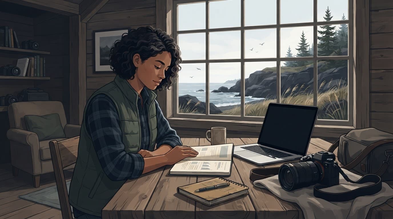 Photographer reviewing a business plan beside camera gear at a cabin window.