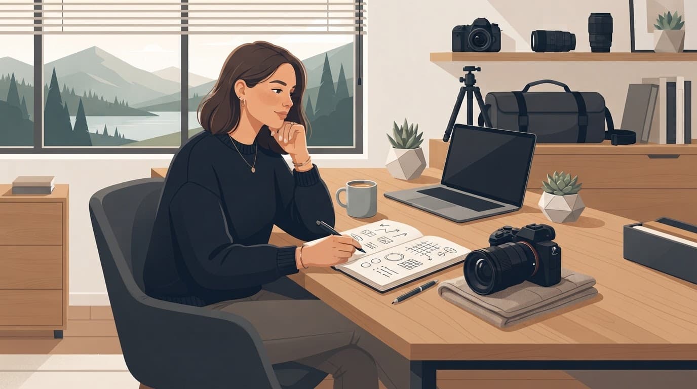A photographer sits at a wooden desk with a camera and open notebook.