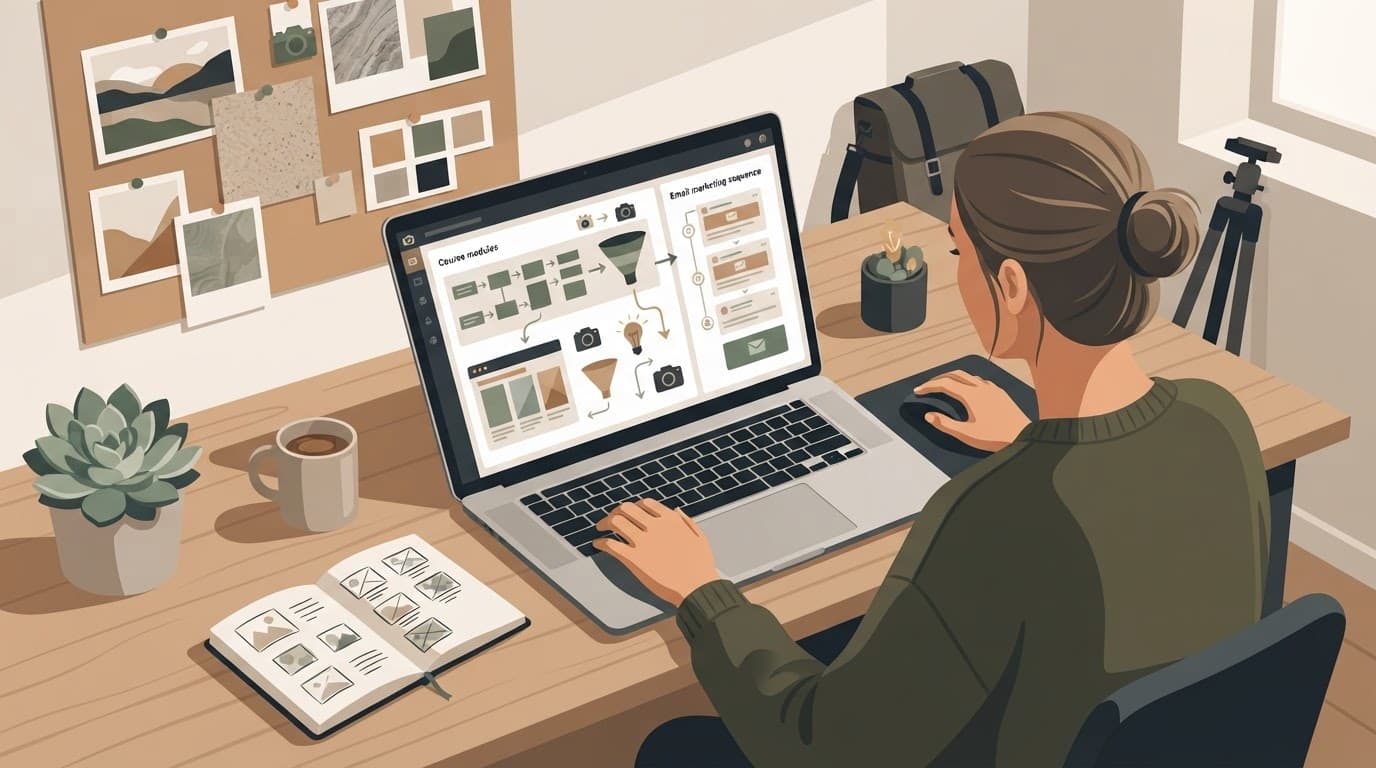 A photographer plans course and email content on an angled laptop.