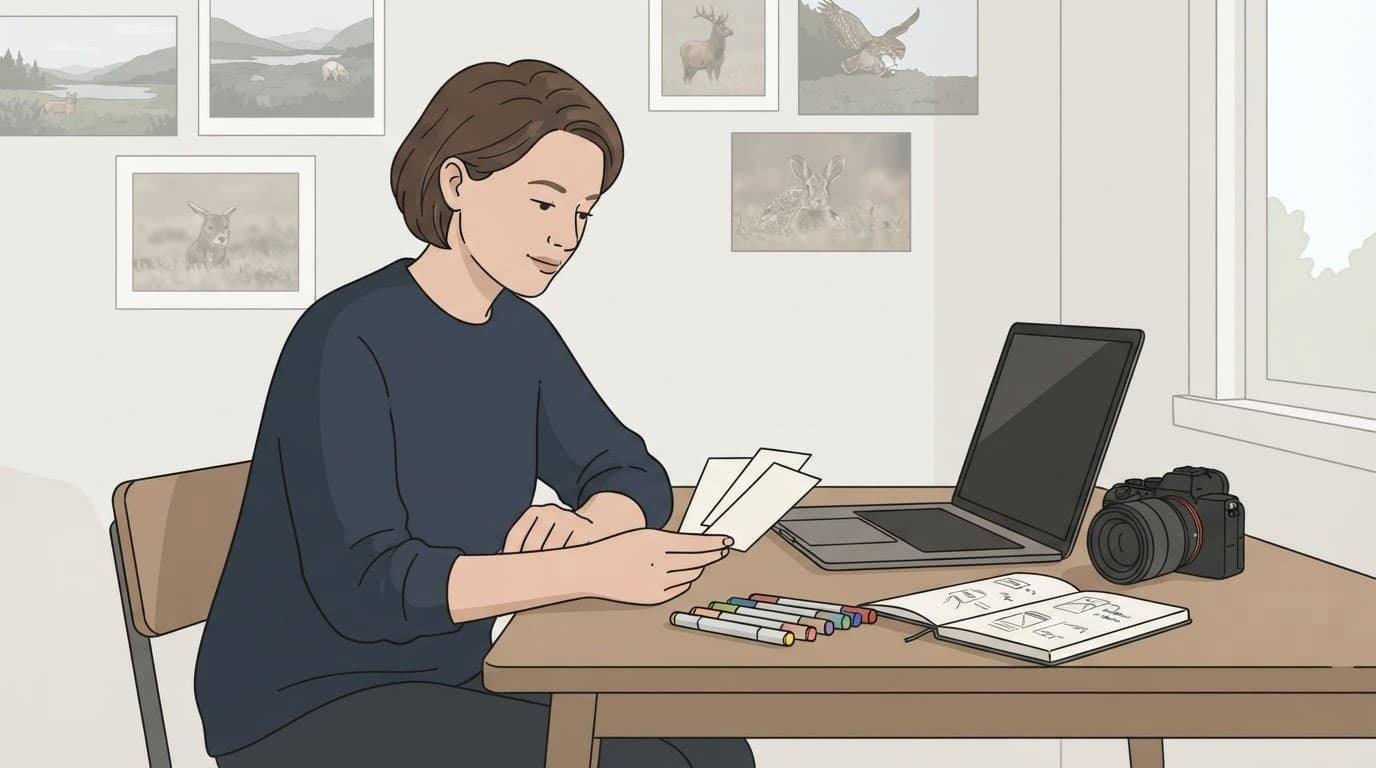A photographer reviews response cards beside a laptop, notebook, camera, and five markers.