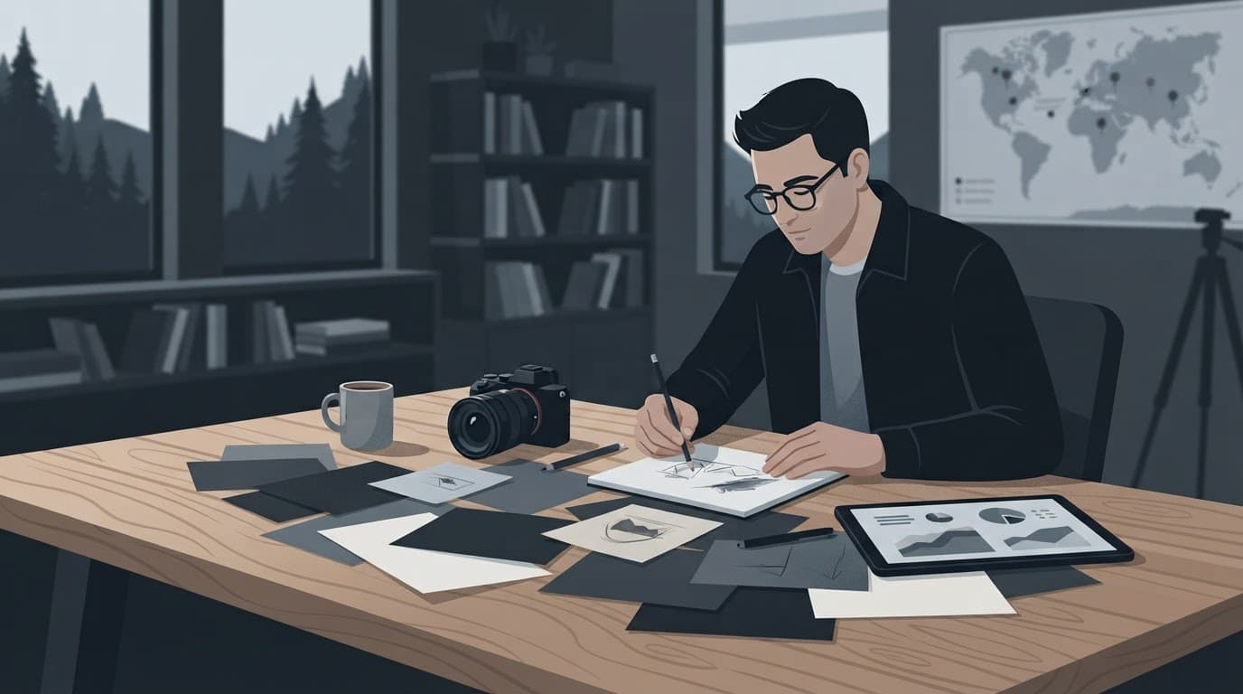 A photographer plans ideas at a desk with a camera and scattered notes.