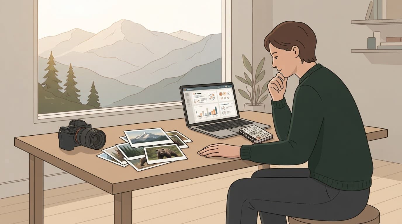 Photographer reviewing feedback beside a laptop, camera, guide, and mountain-viewing window.