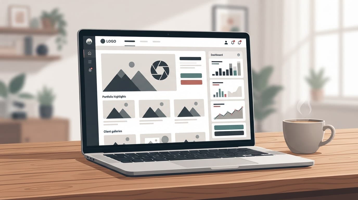 Laptop showing a photography website dashboard beside coffee on a wooden table.