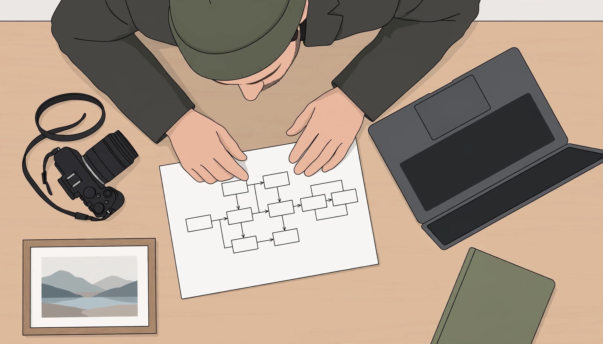 A photographer reviews a one-page plan beside a camera and laptop.