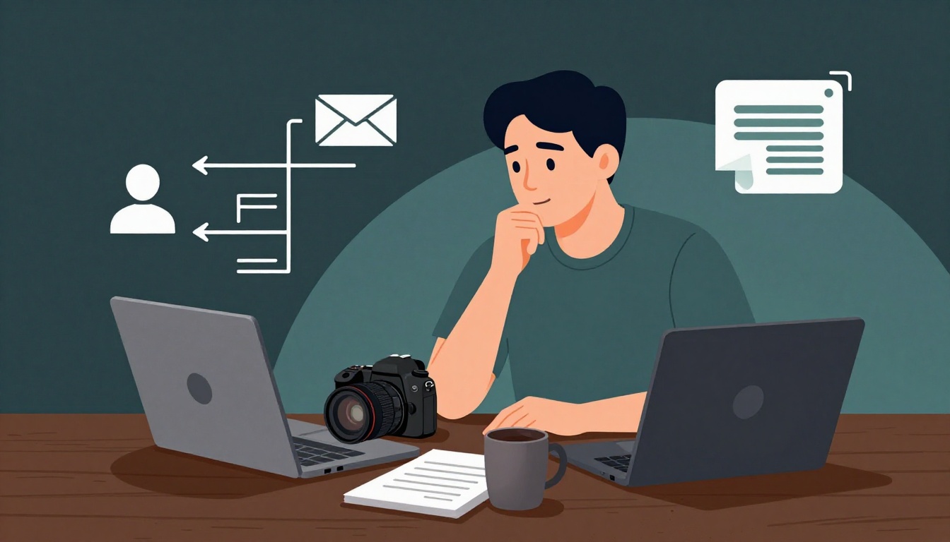 Photographer planning social media marketing beside a camera, laptop, coffee, and flowchart.