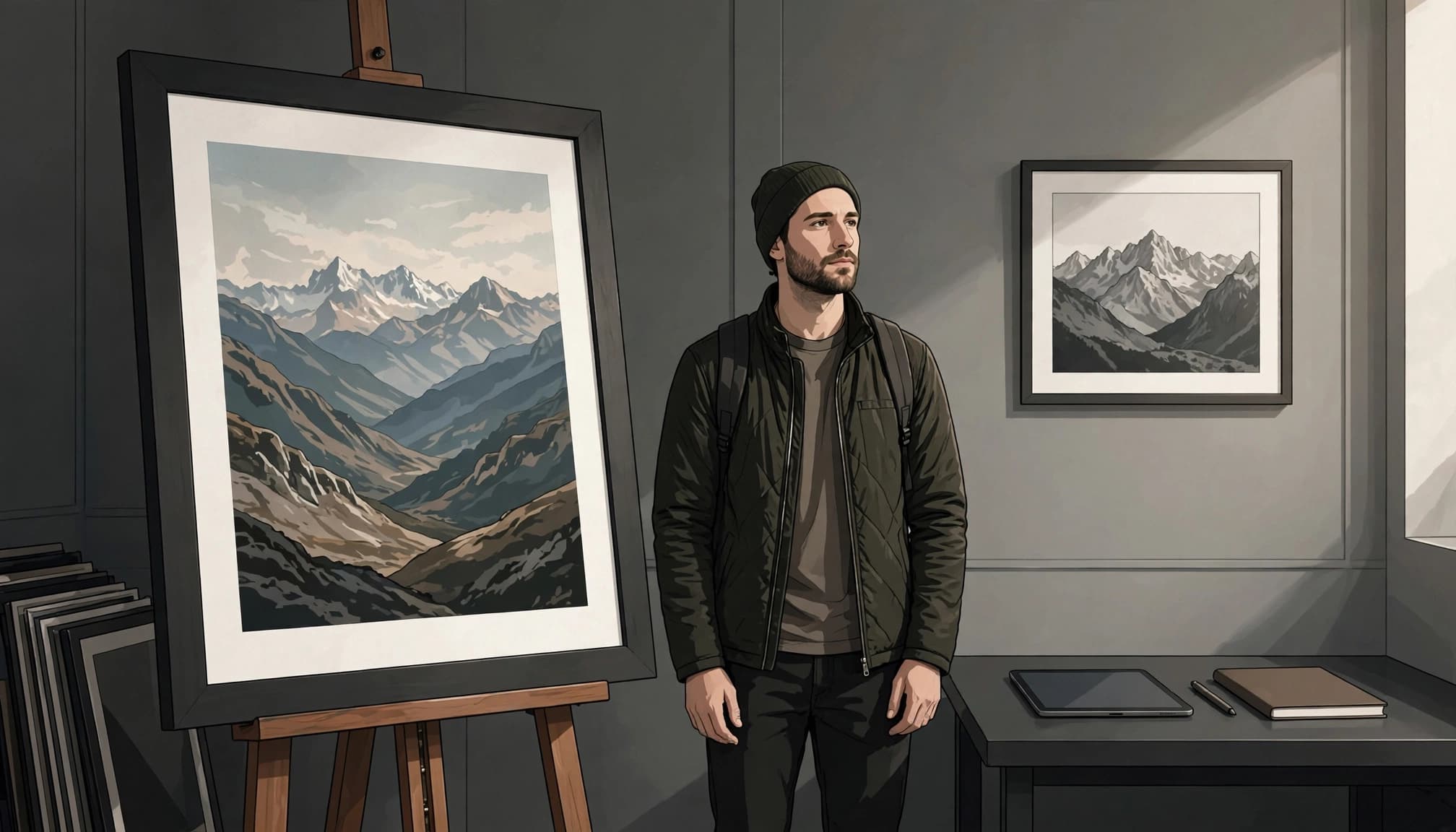 A photographer beside a mountain print, tablet, and notebook in a quiet studio.