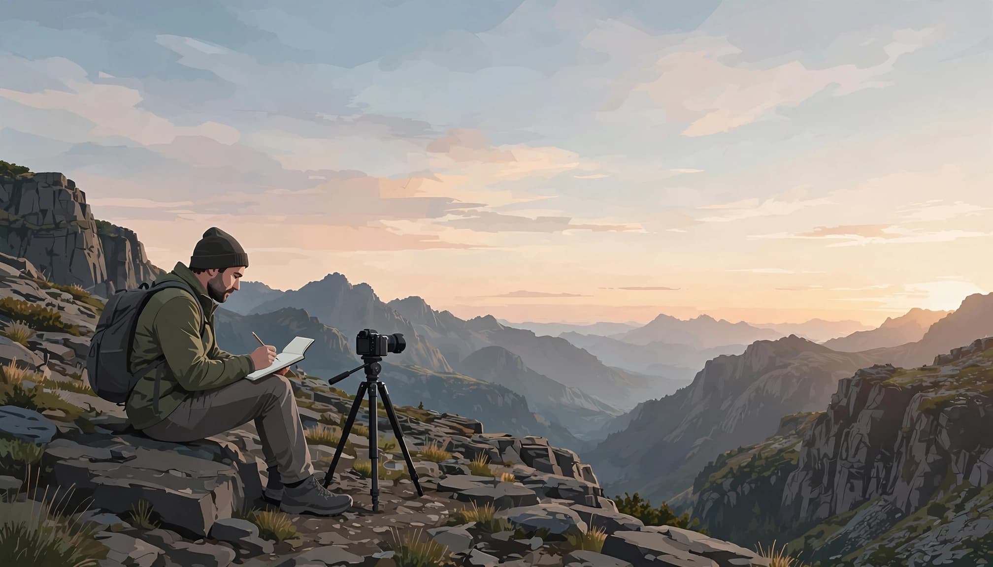 A photographer with a tripod camera and notebook overlooks mountains at sunrise.