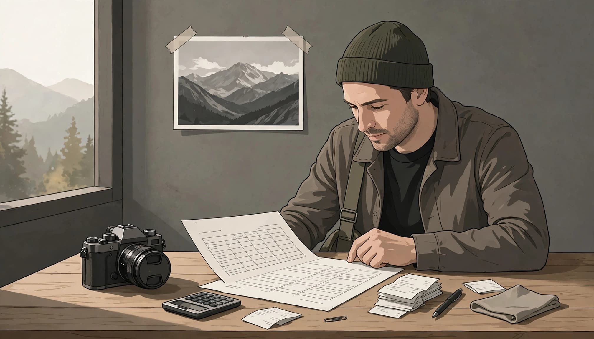 A photographer reviews a budget beside a camera, calculator, and travel receipts.