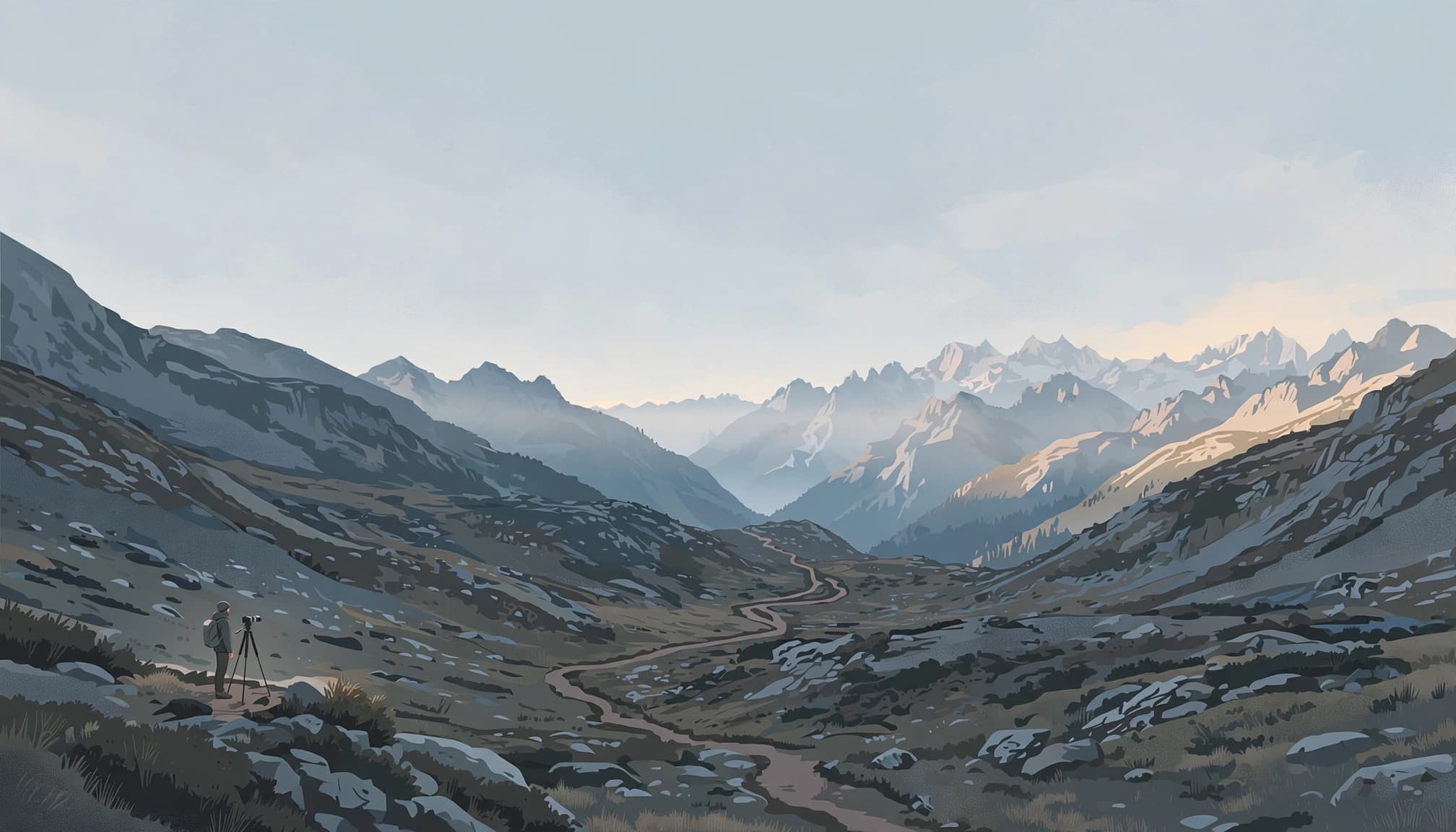 A photographer beside a tripod faces distant mountain peaks in a wide alpine valley.