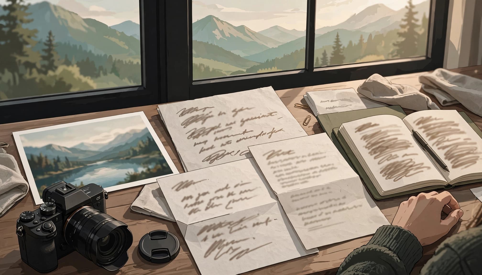 A landscape photo and blurred writing materials sit beside a camera near a mountain window.