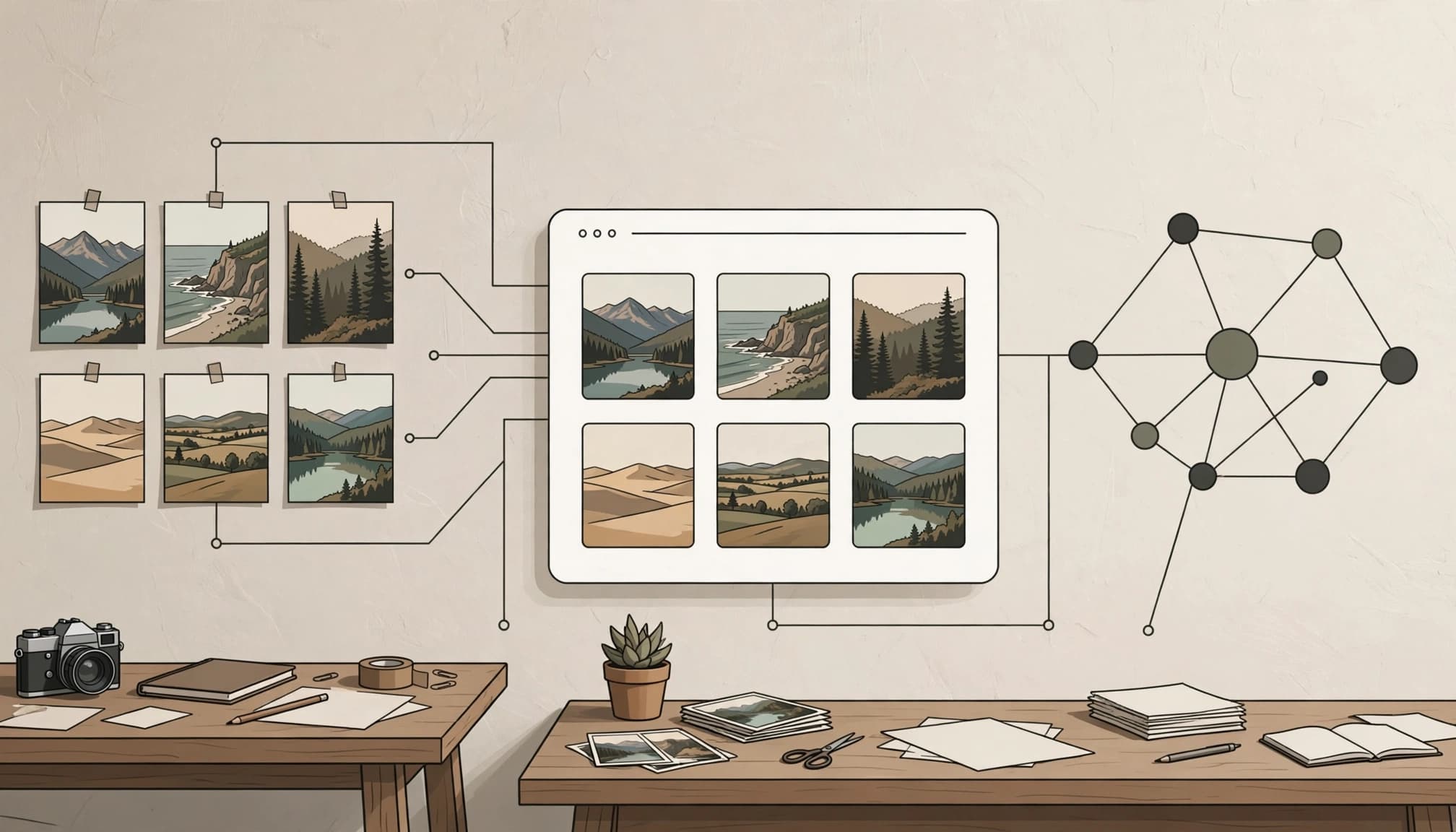 Landscape photos connect with website, social media, and networking symbols on a studio wall.