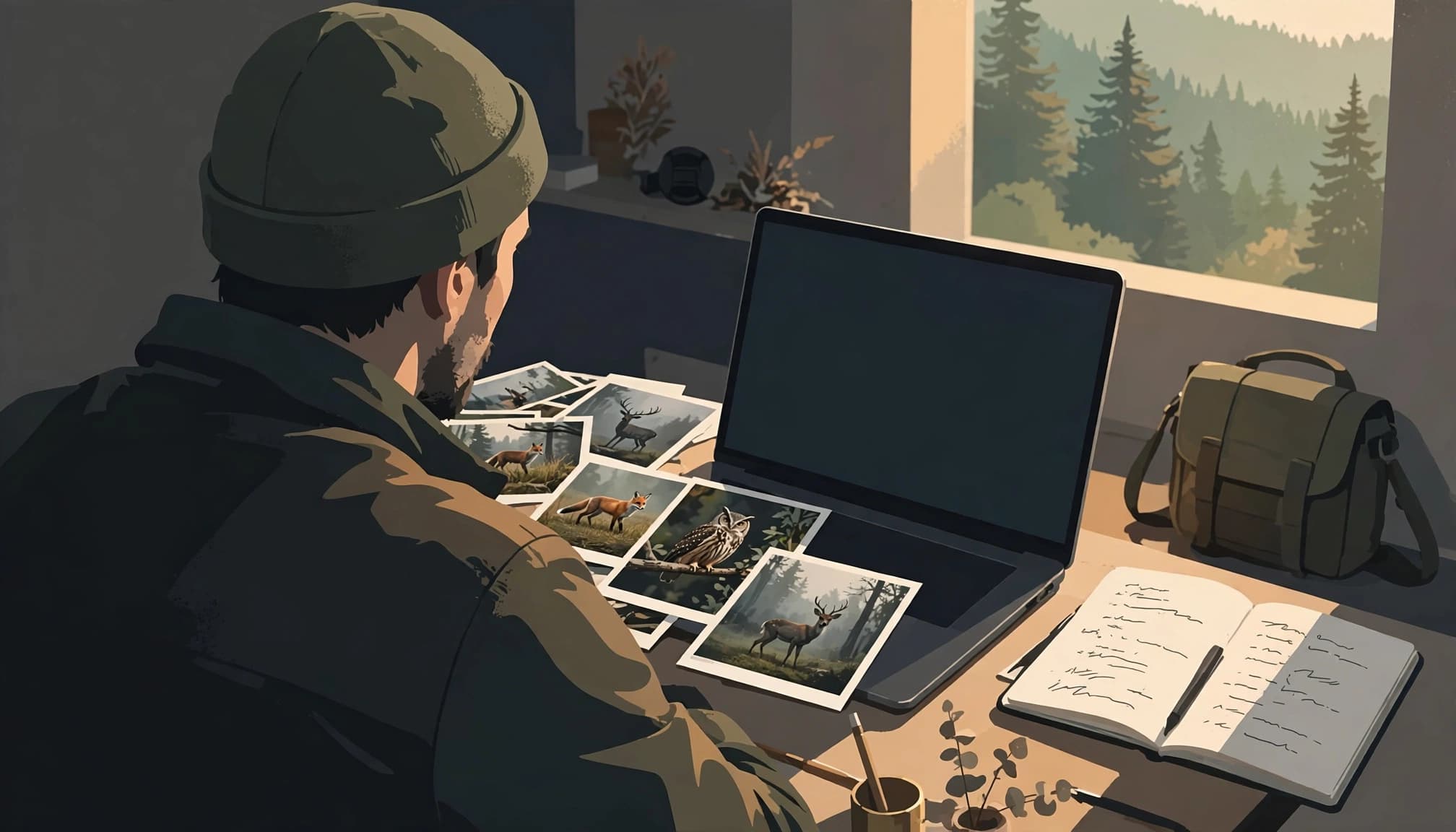 A wildlife photographer reviews photos on a laptop beside notes in a home studio.